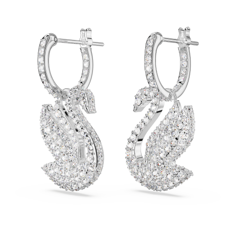 Swarovski Iconic Swan drop earrings, Swan, White, Rhodium plated