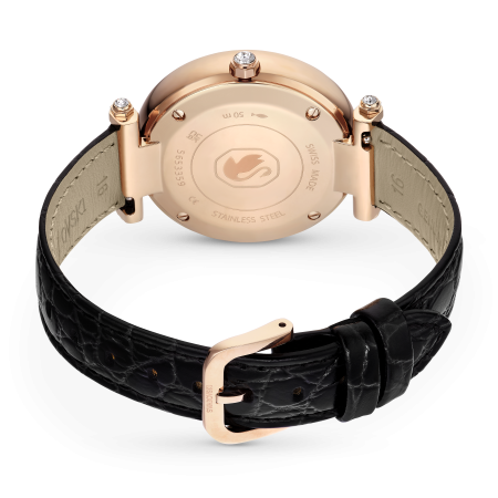 Crystalline wonder watch, Swiss Made, Leather strap, Black, Rose gold-tone finish