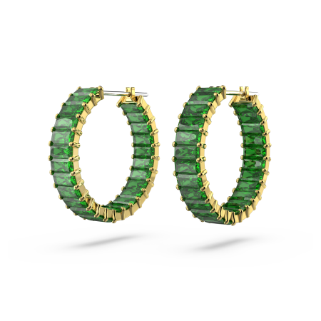 Matrix hoop earrings, Baguette cut, Green, Gold-tone plated