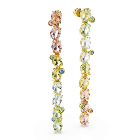 Gema drop earrings, Asymmetrical design, Mixed cuts, Long, Multicolored, Gold-tone plated